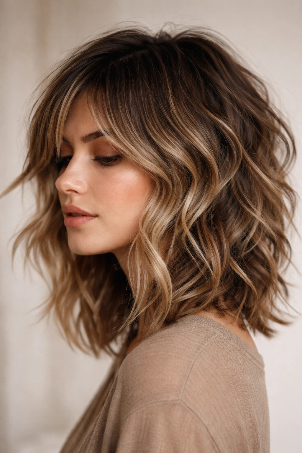 Shaggy wavy short hairstyle with rooted balayage for depth.