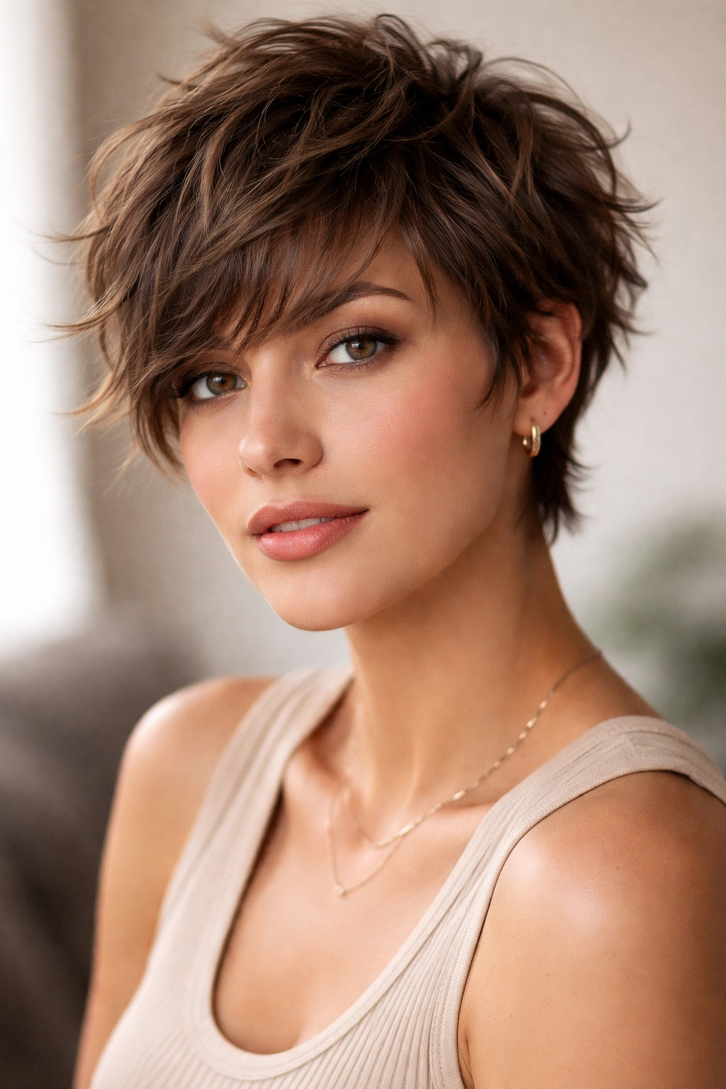 Profile view of shaggy wavy pixie with fringe and choppy textured layers
