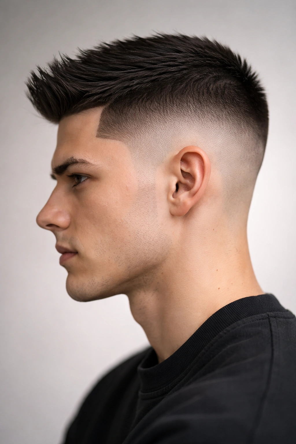 Close-up side profile of a sharp-lined fade on straight hair highlighting precise line work