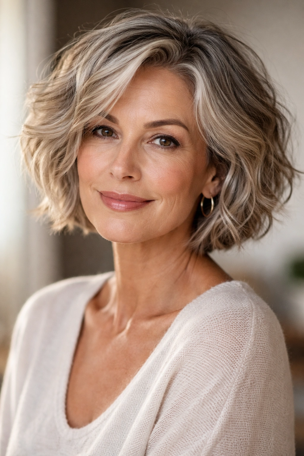 Close-up of a short tousled beach wave bob with loose texture