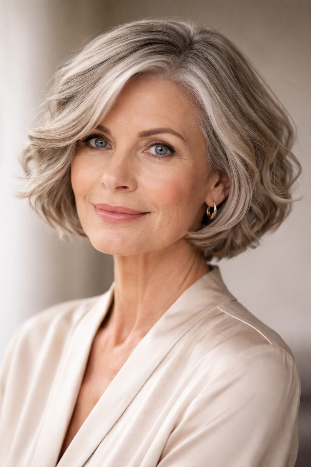 Close-up portrait of a woman with jaw-length bob and subtle waves