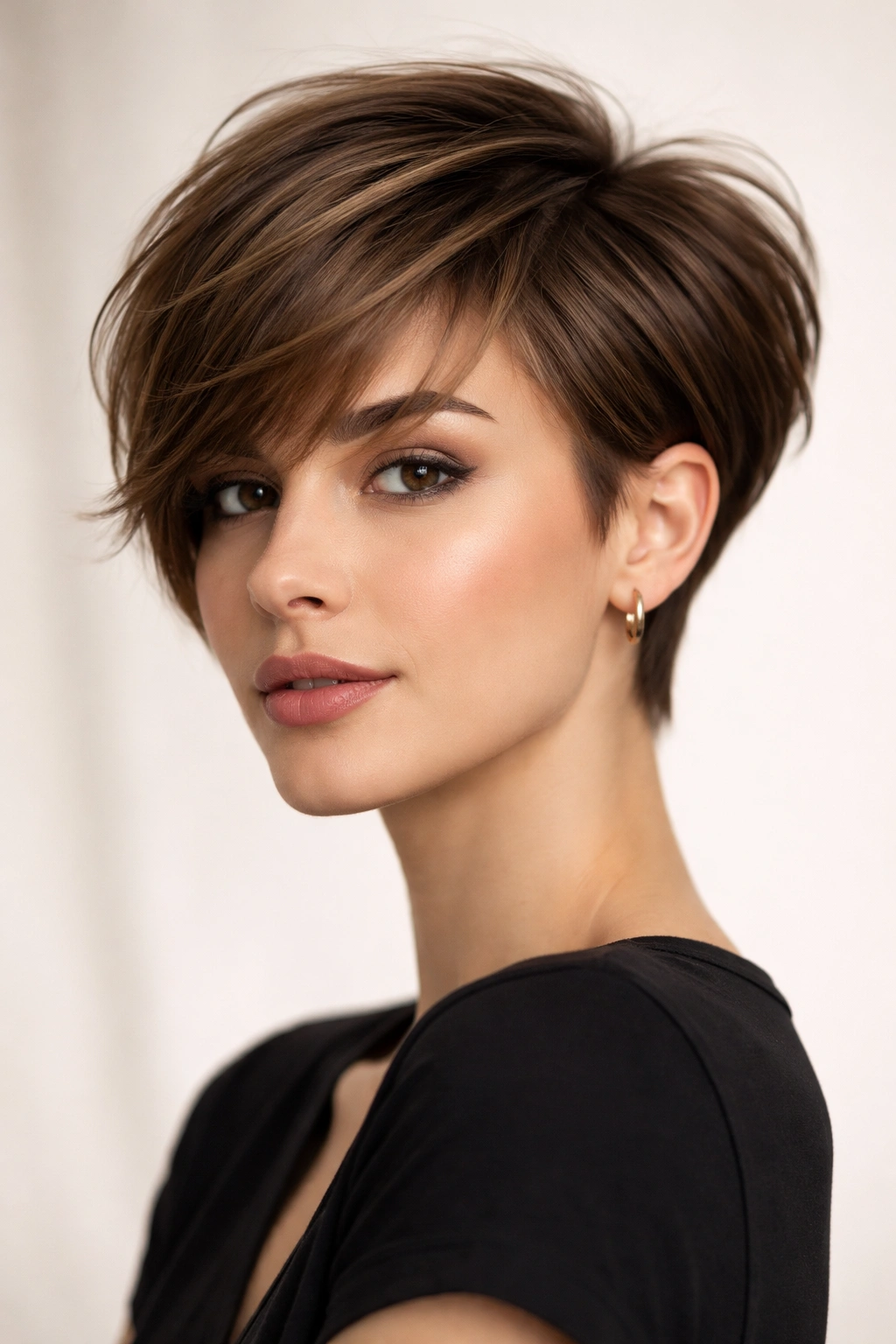 Short butterfly pixie with elongated top layers framing the face