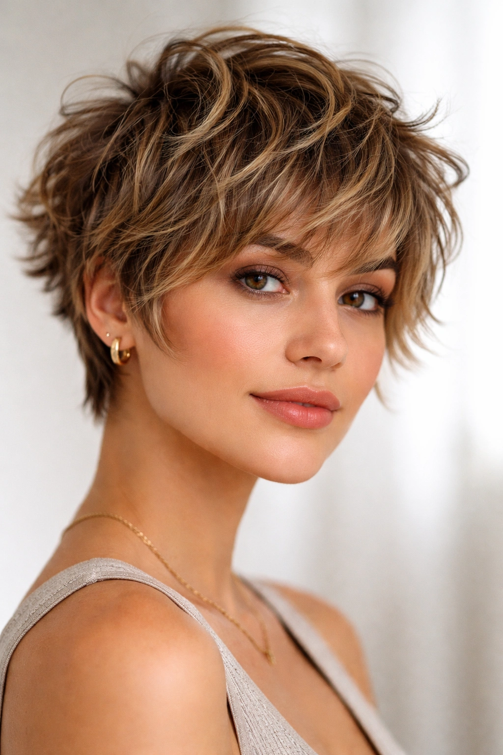 Short and choppy wavy bixie with intense texture and movement