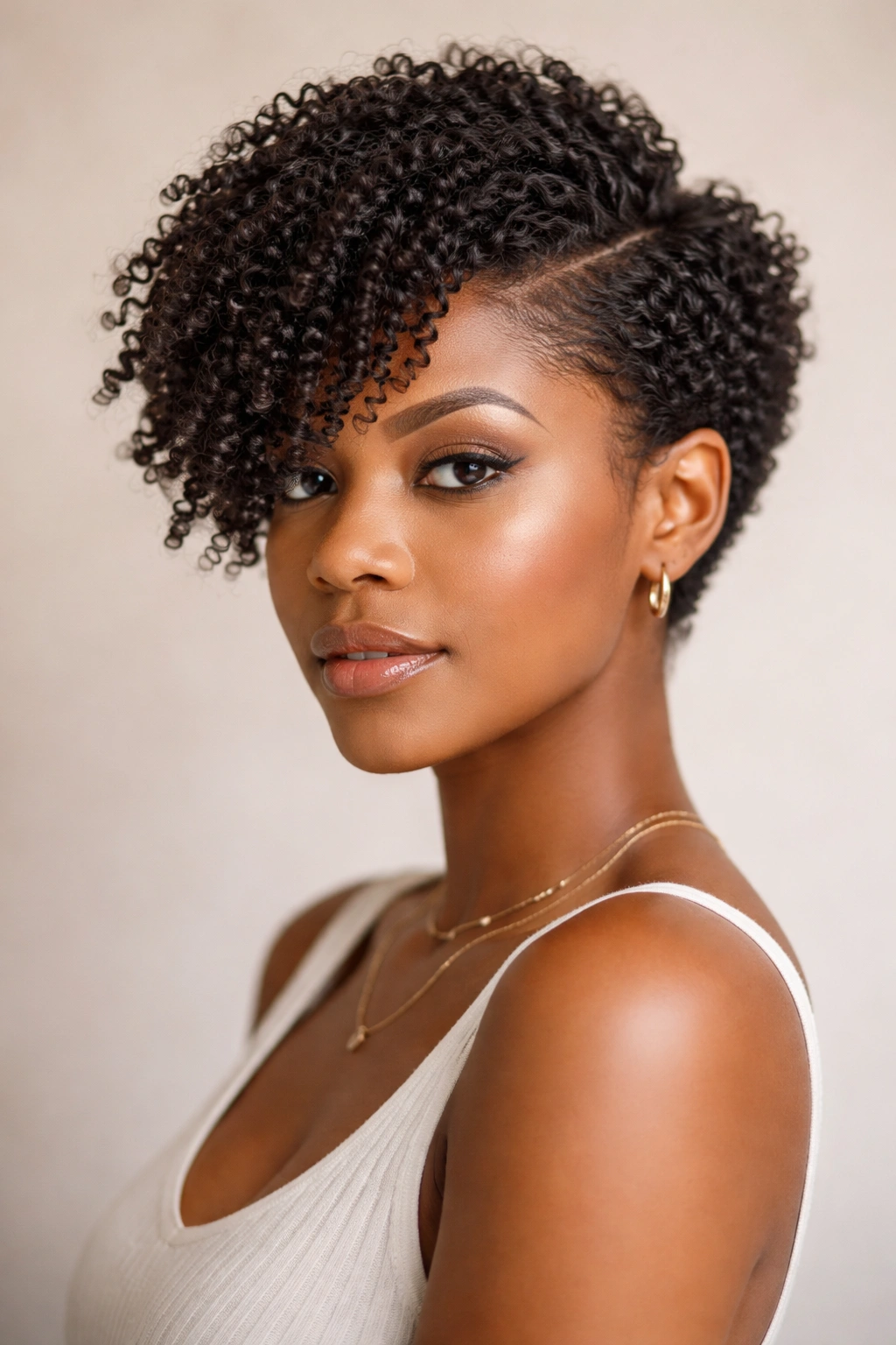 Portrait of short coils with a pronounced side part and 3-5 inch length