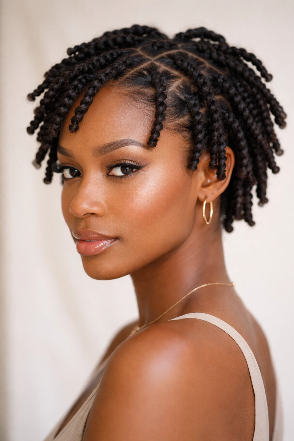 Person with geometric twist patterns created from loose coils on the scalp