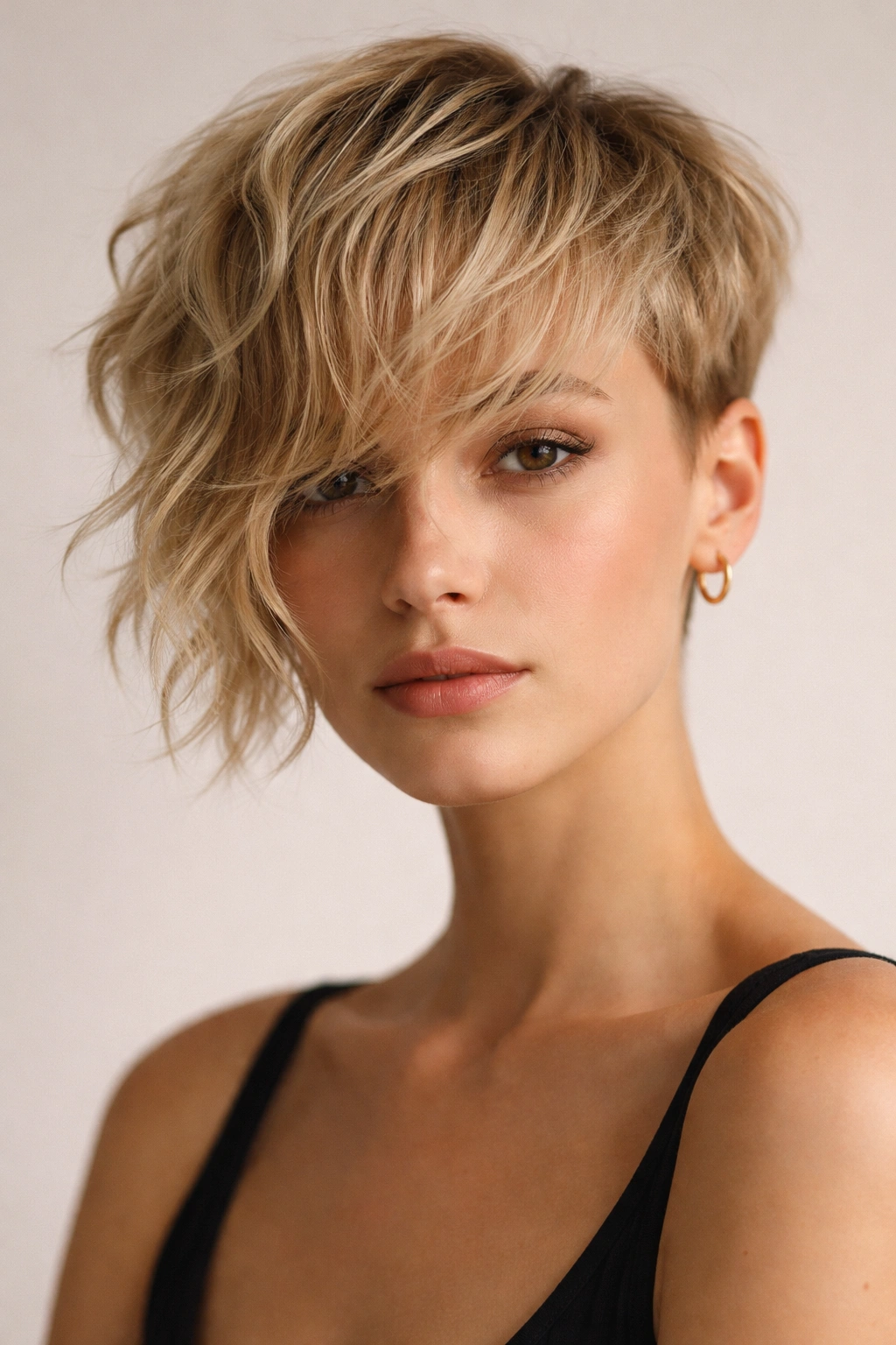 Short crop with long bangs on wavy blonde hair