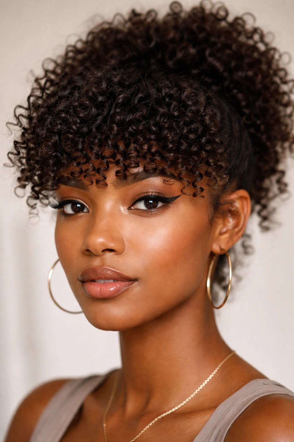 Close-up of short curly bangs with volume on coily hair