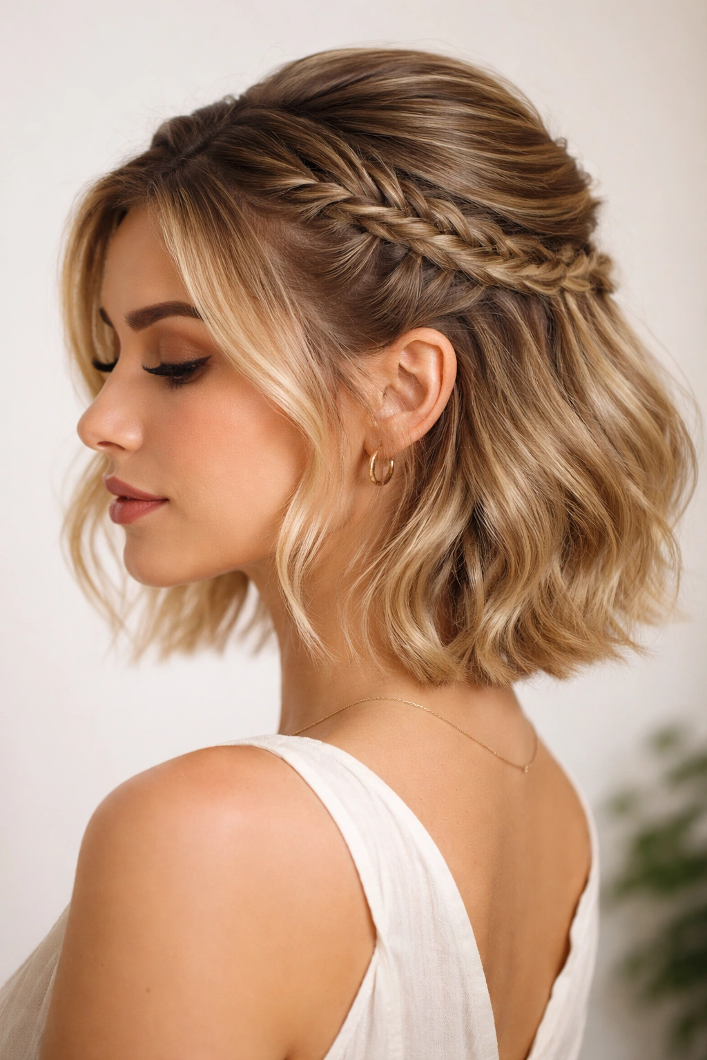 Short hair half up with multiple small braids woven into the gathered section