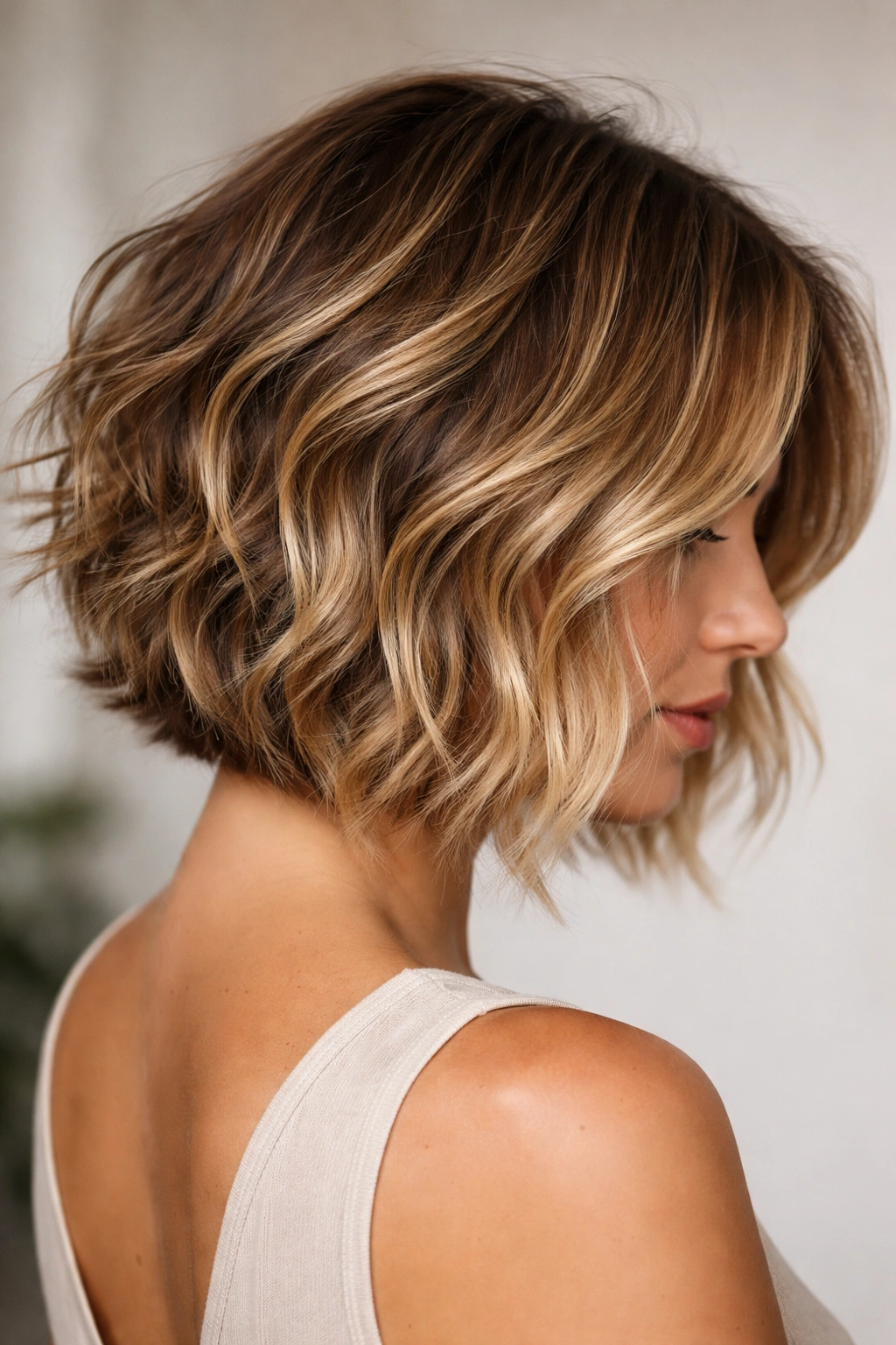 Close-up of a short choppy haircut with honey blonde balayage highlighting texture
