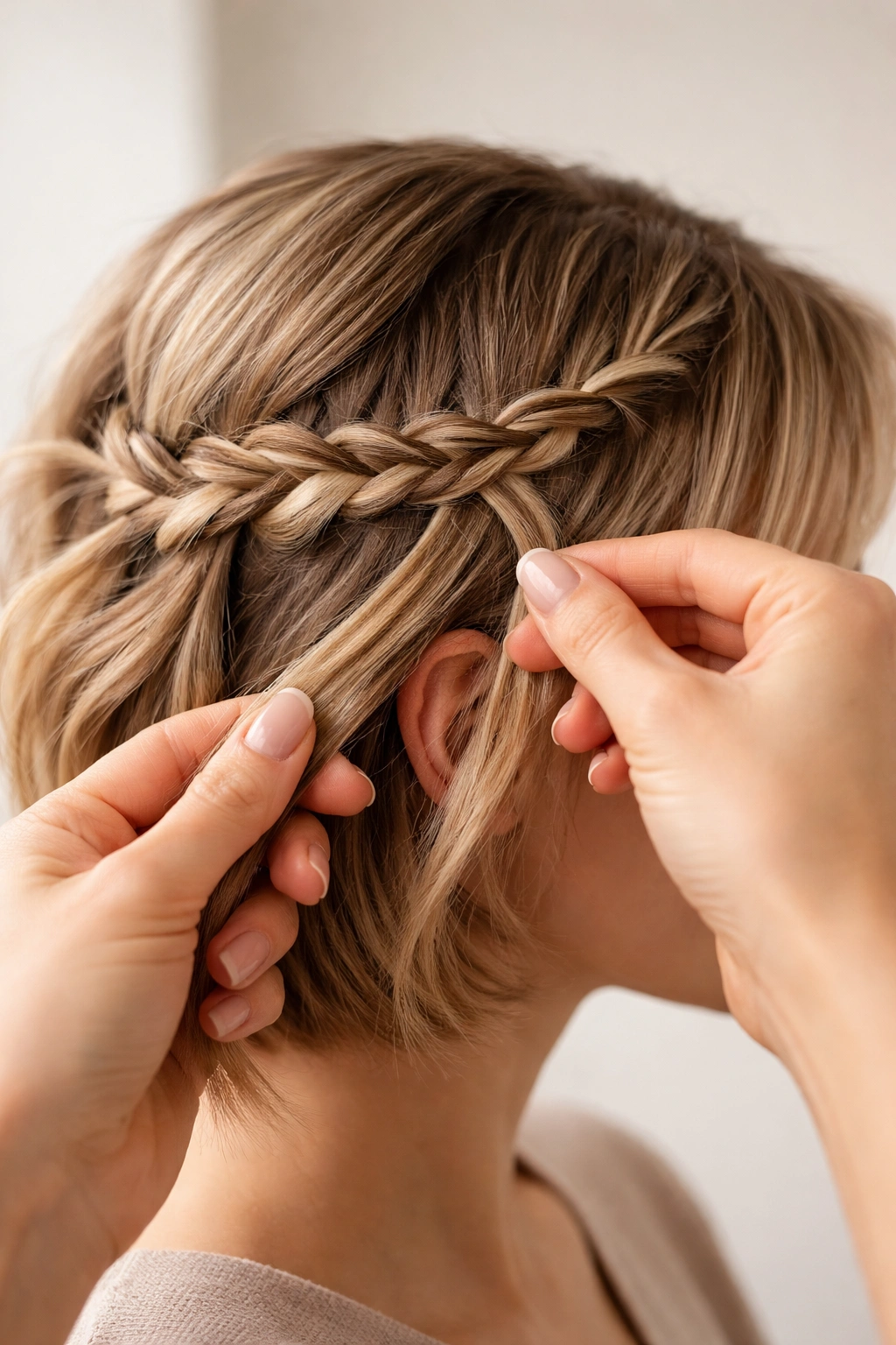 Hands braiding short hair around the temple showing tension and technique
