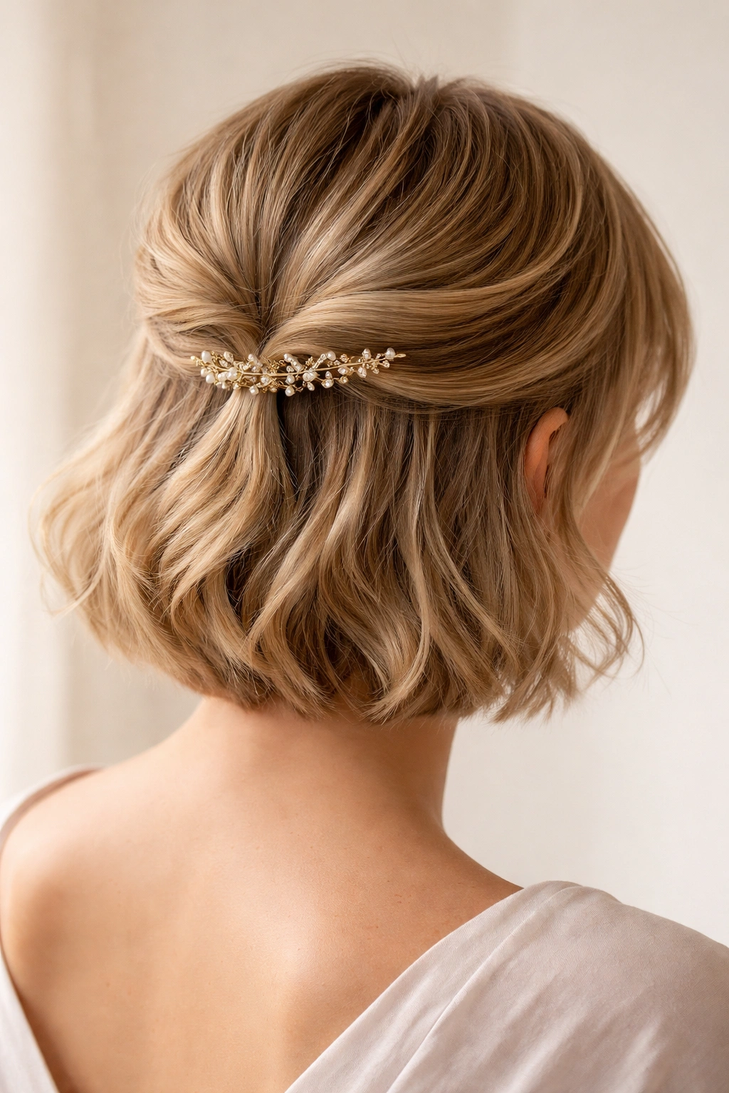 Close up of short hair in a half up style secured by a delicate gold hair pin