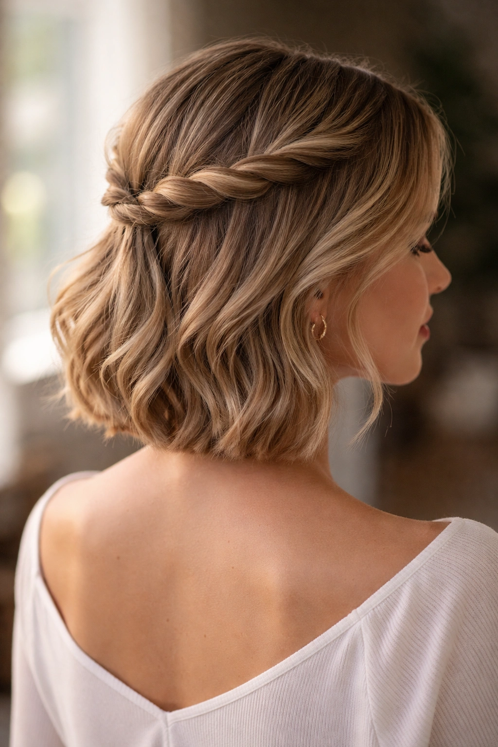 Halo twist half up hairstyle with two twists meeting at the back