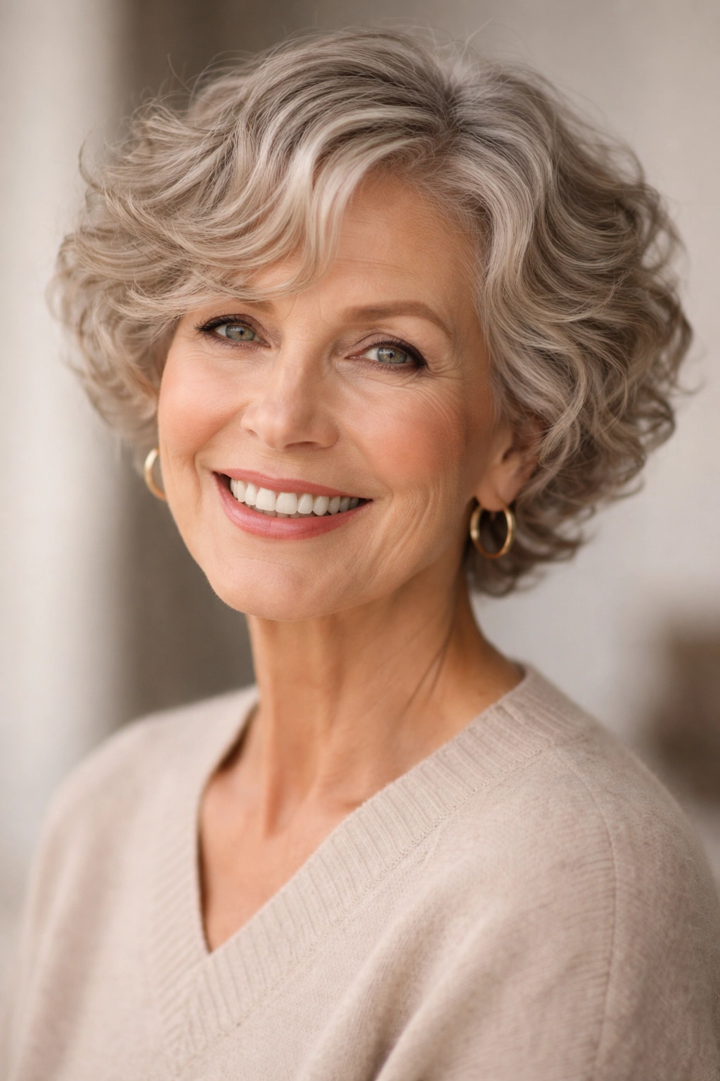 Close-up of a short hairstyle with soft perm waves and natural shine
