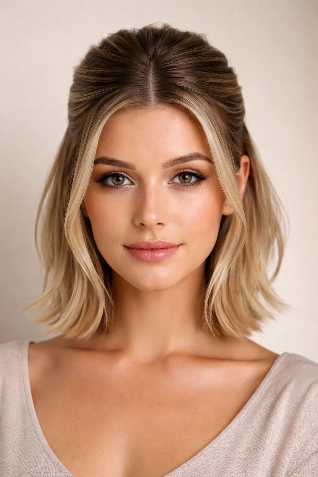 Sleek half up hairstyle with center part on short hair