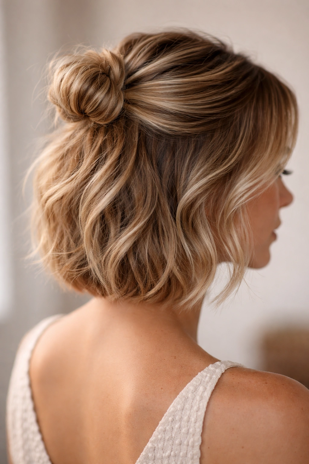 Short hair half up with a small textured bun at the crown