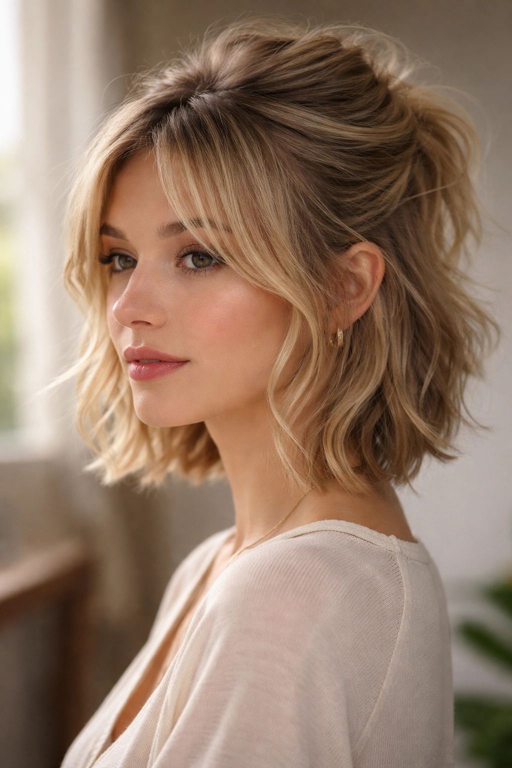 Short layered hair in a tousled half-up style with loose front layers