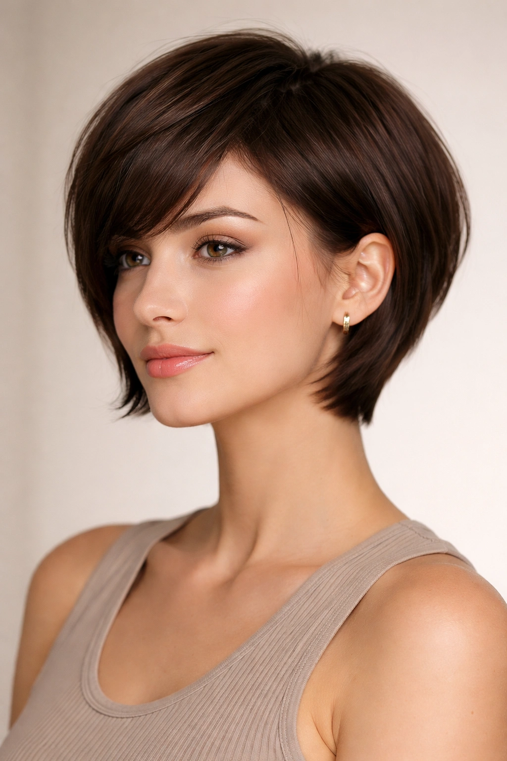 Portrait of a person with sleek short layers forming a rounded silhouette on straight hair