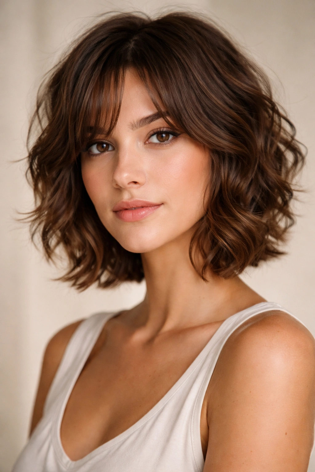 Brown-haired model with short layers and grown-out bangs