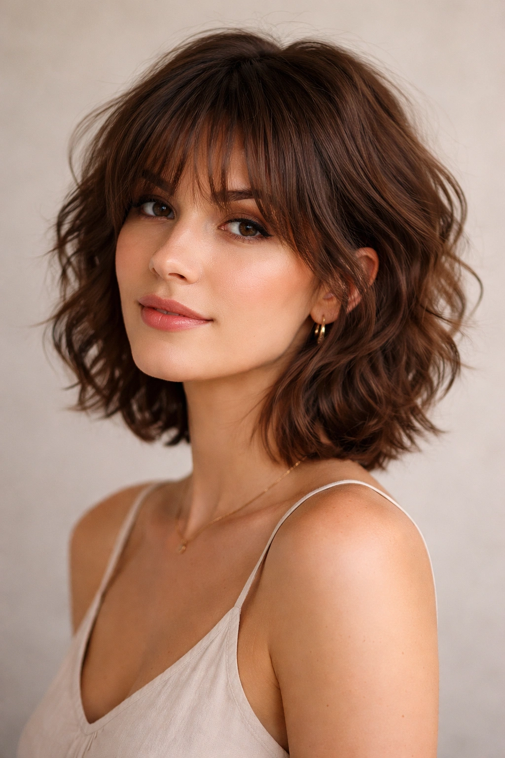Short layered hairstyle with wispy bangs on brown wavy hair