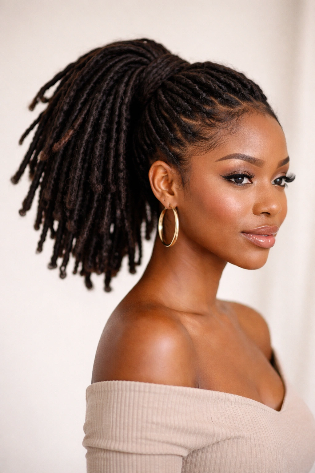 Close-up of a person with short locs styled into a voluminous ponytail with wrapped layers, under studio lighting