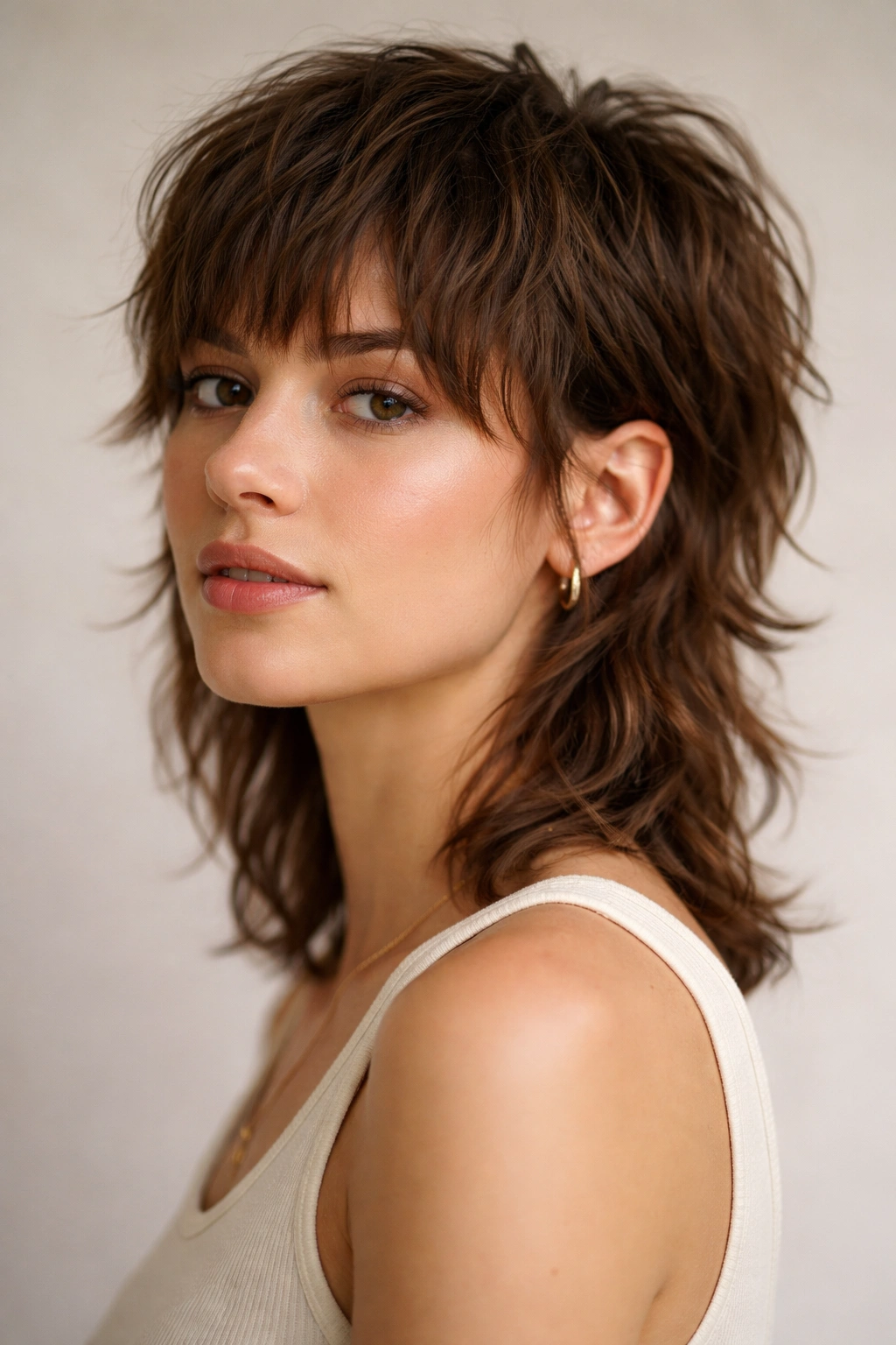 Short mullet with textured bangs on brown wavy hair in studio lighting