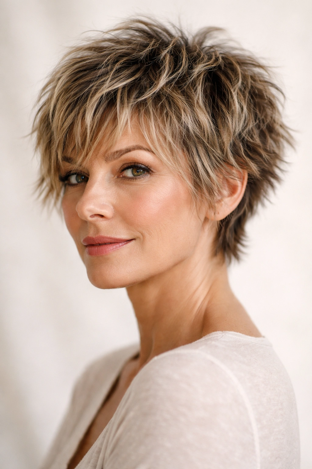 Close-up of a short choppy shag haircut with textured layers above the ears and at the nape.