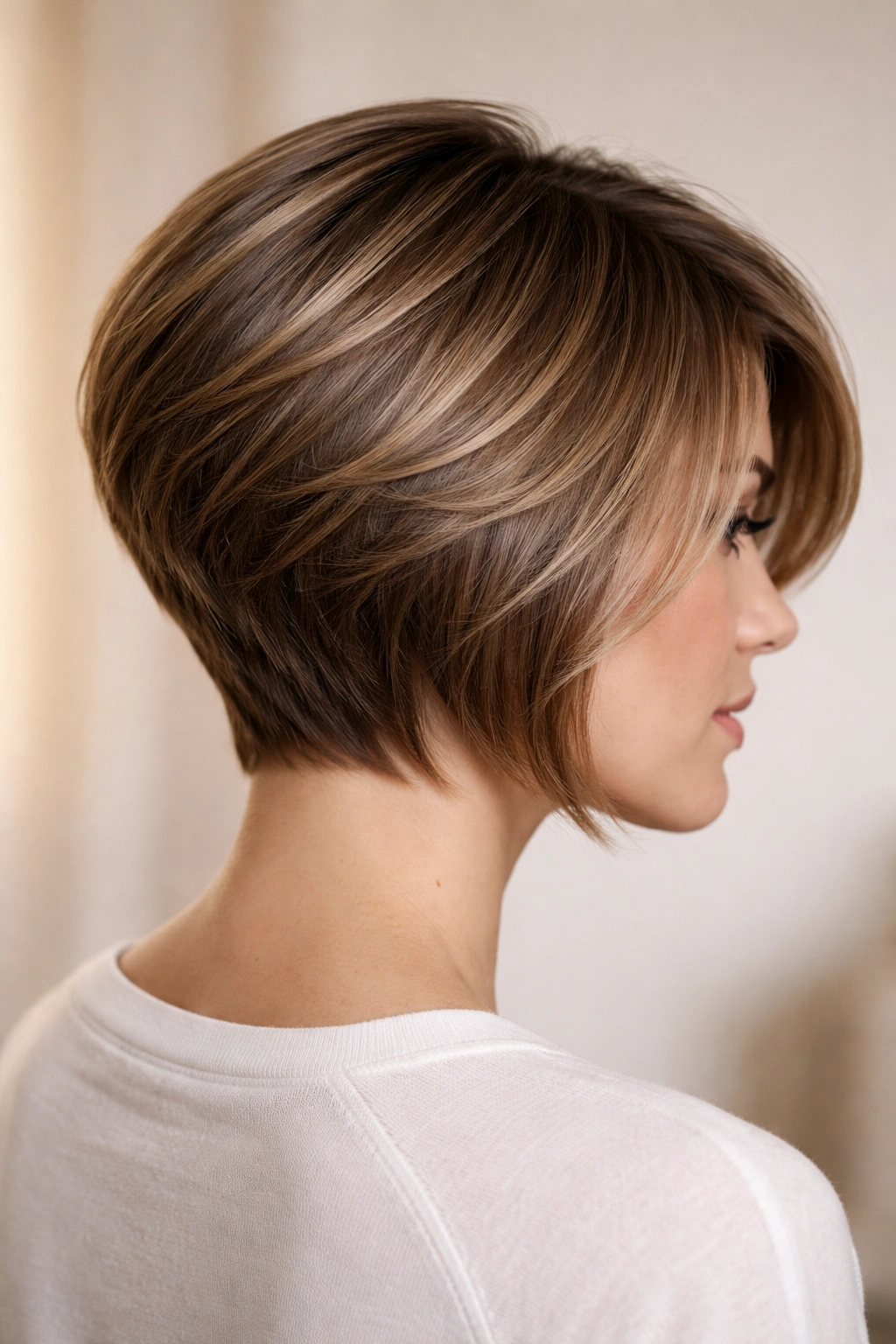 Back view of layered stacked haircut creating volume on straight hair