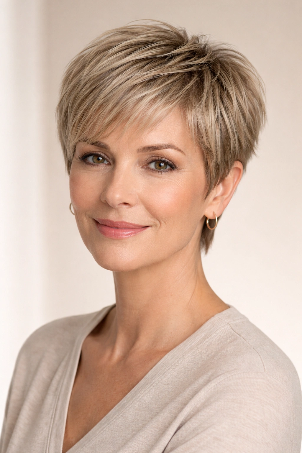 Close-up of a woman with a short textured cut styled straight in a studio