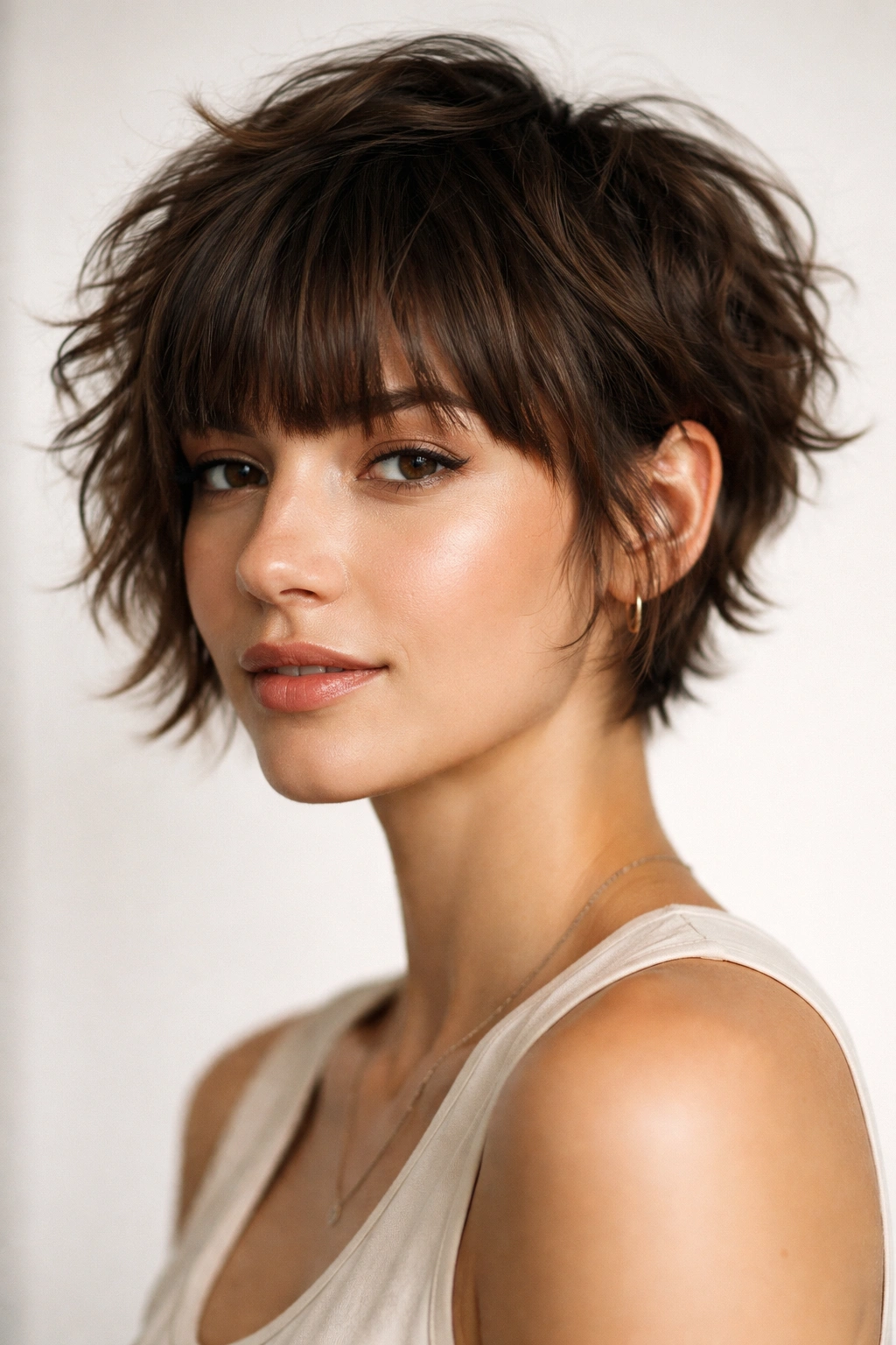 Portrait of a person with short tousled waves and longer blunt bangs on thick wavy hair.
