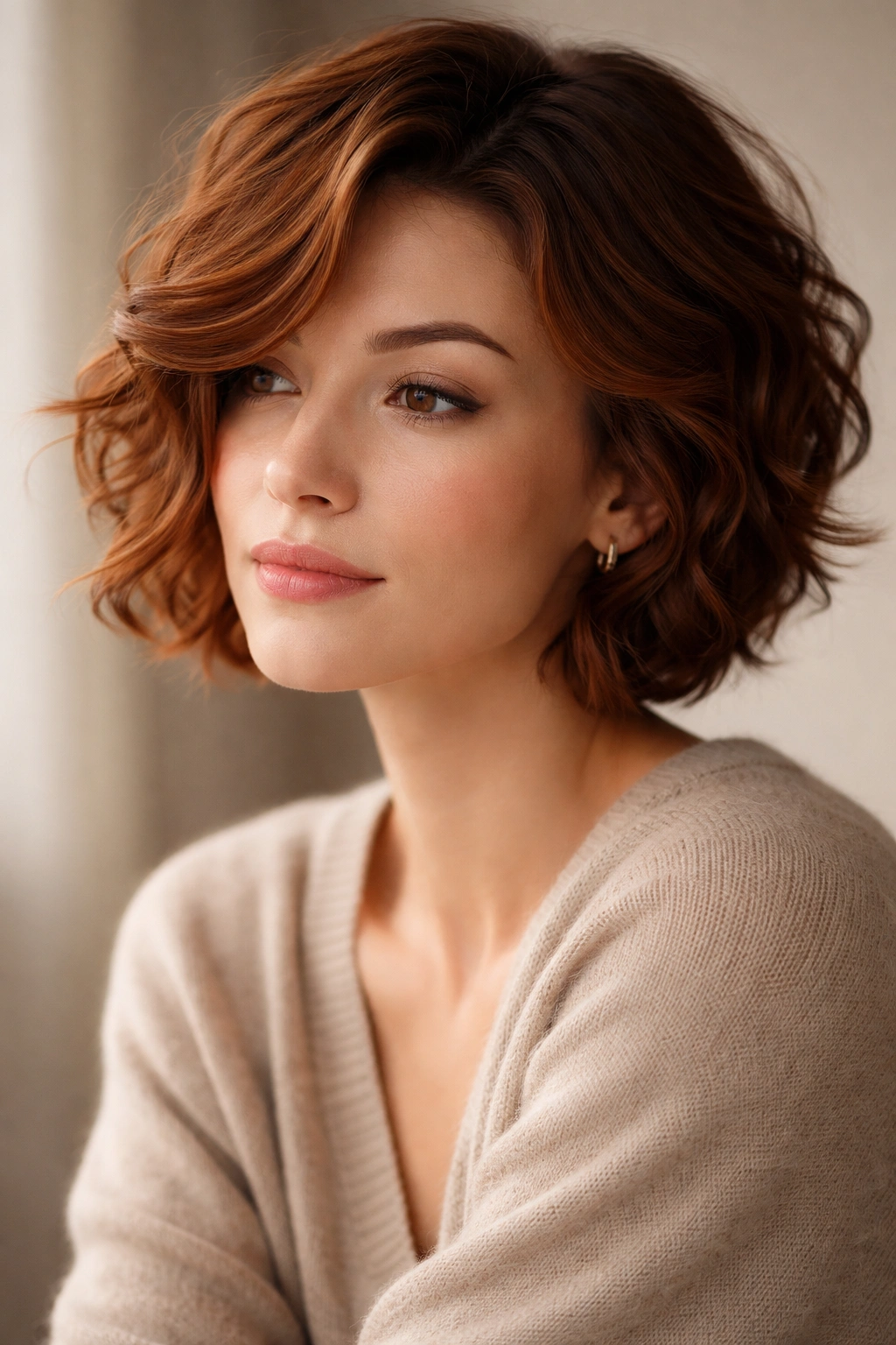 Close portrait of a person with short, wavy auburn hair in a thoughtful pose, studio lighting