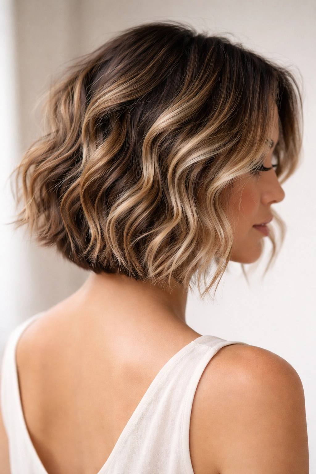 Close-up of short wavy hair with balayage in studio lighting