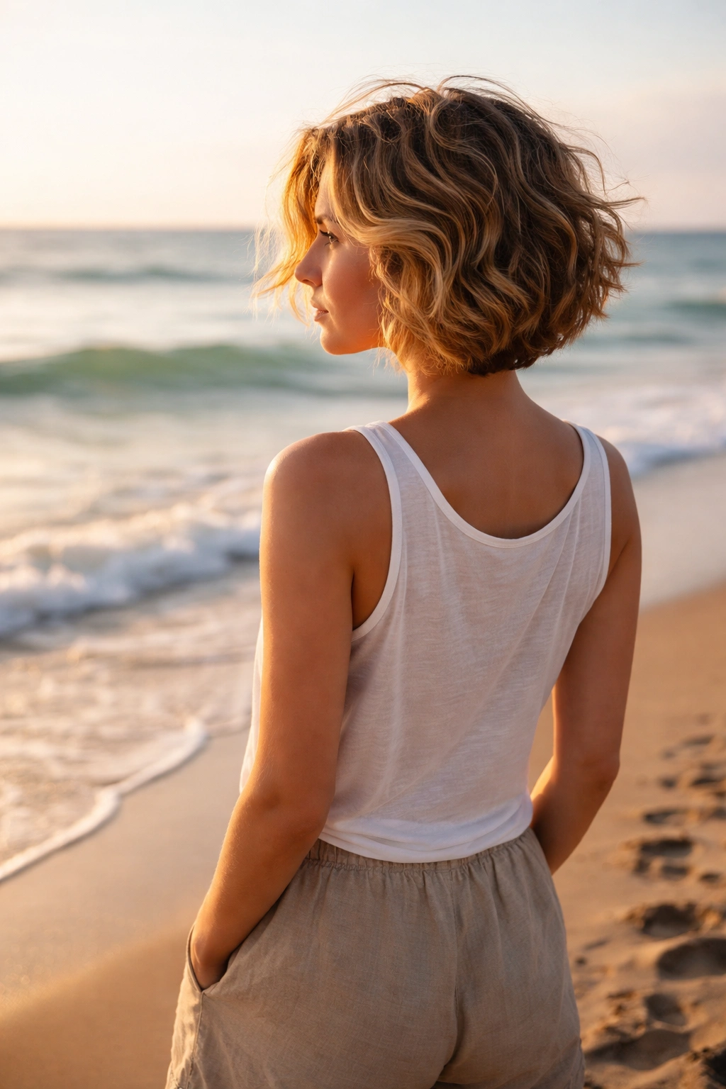 Person with short natural wavy hair at the beach during golden hour, contemplative pose