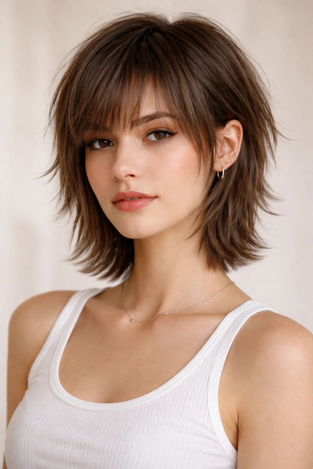Close-up of straight hair in a short wolf cut with a choppy crown and compact silhouette.