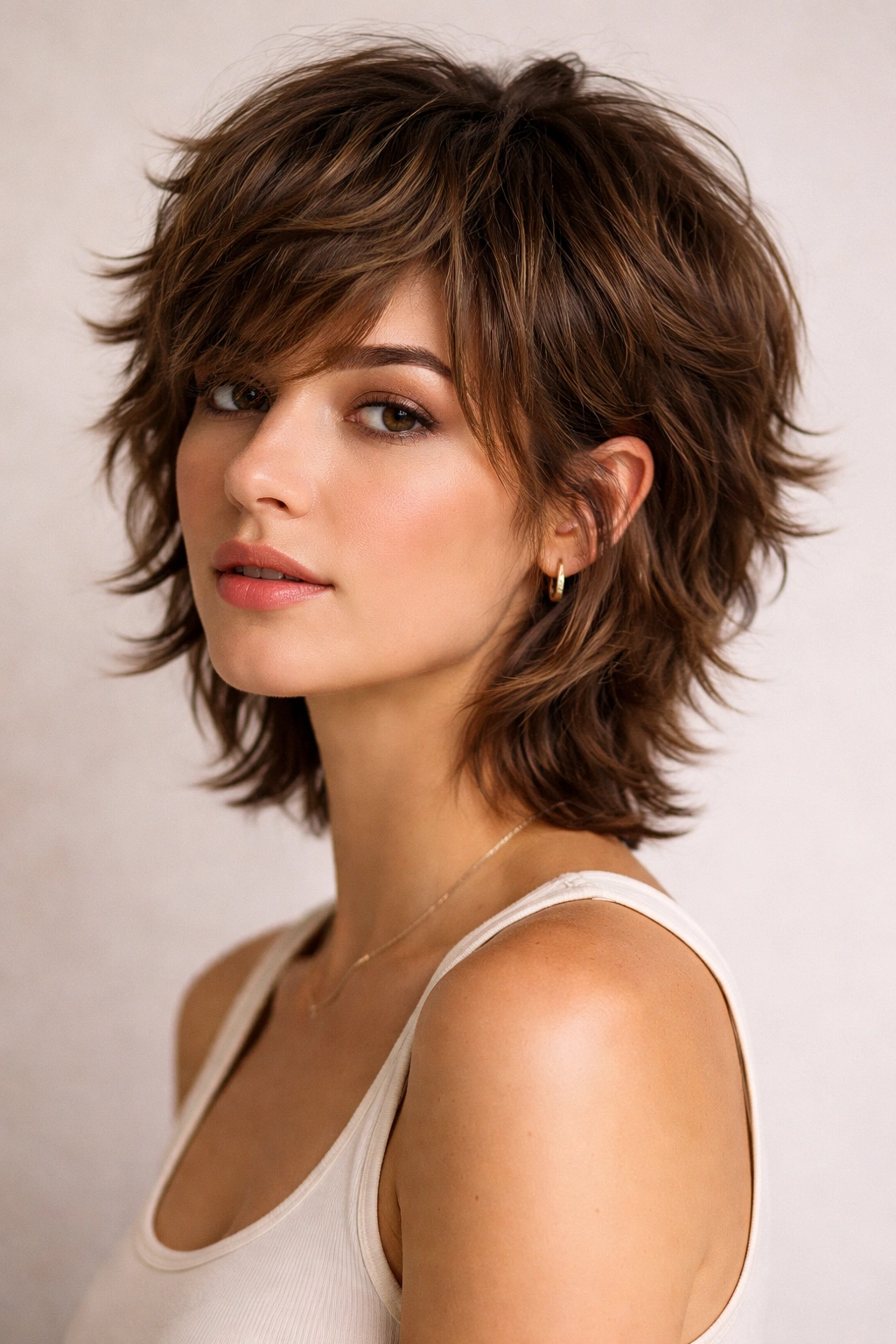 Head-and-shoulders shot of shorter tapered shag with tapered crown and nape