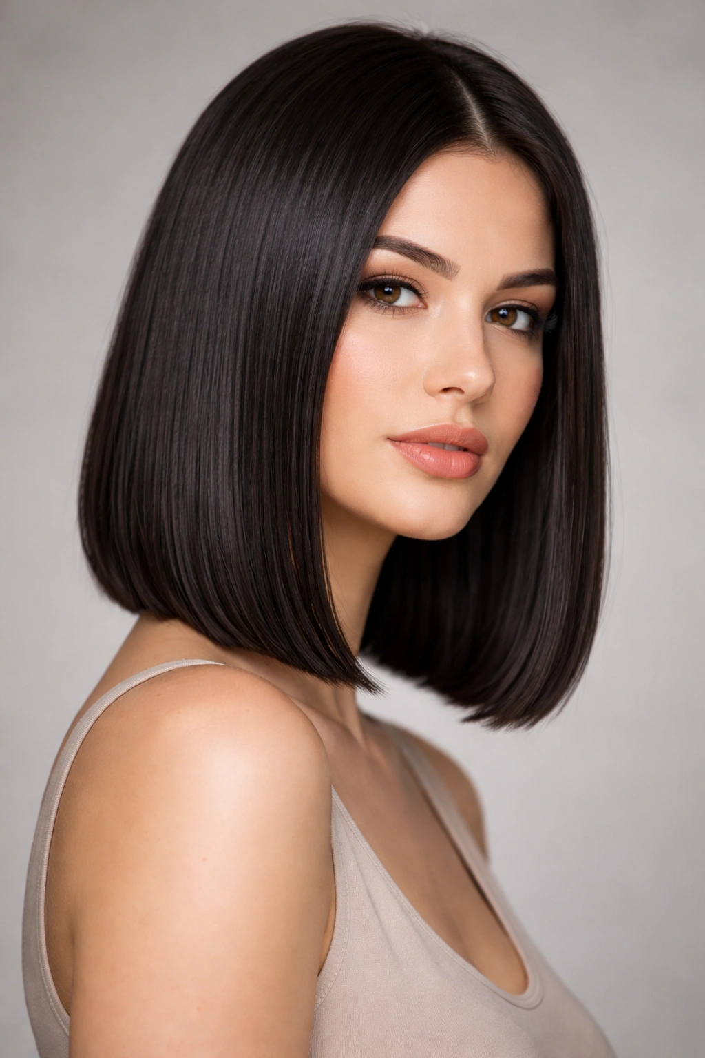 Close-up of thick straight hair styled into a sleek shoulder-length bob with a crisp blunt edge.