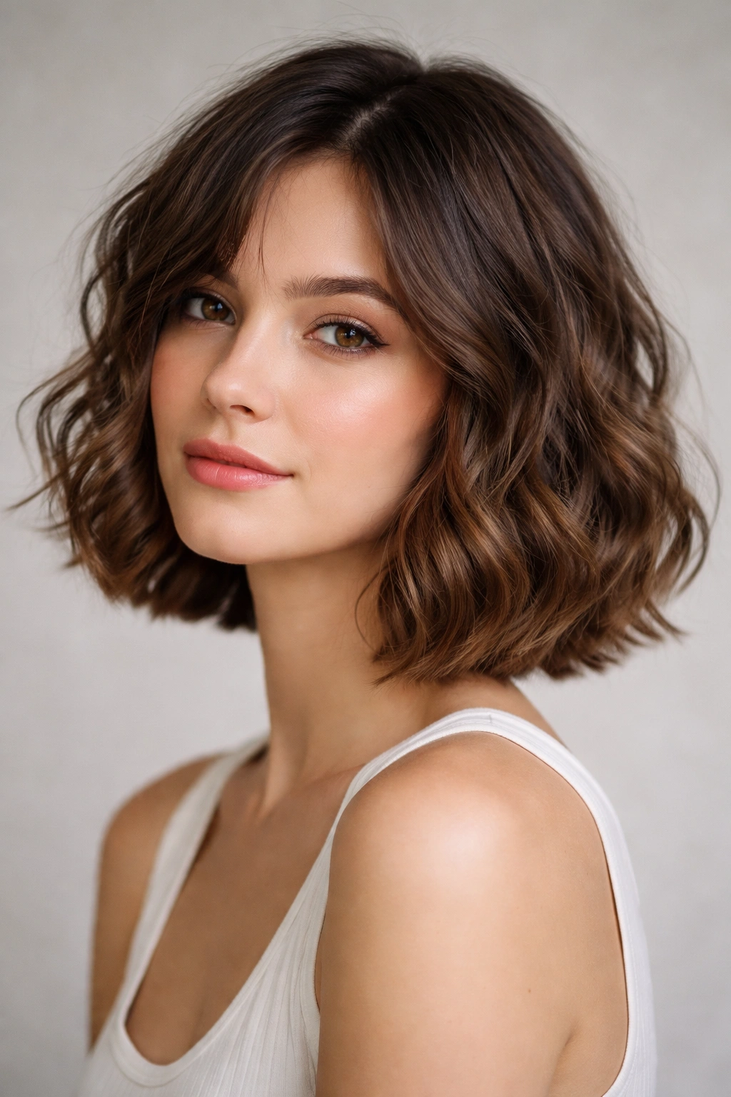 Shoulder-grazing wavy bob close-up on neutral backdrop.