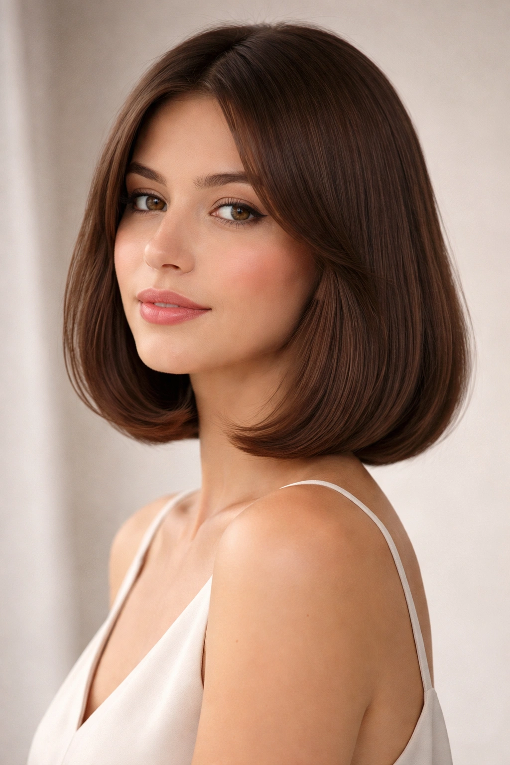 Close-up of a model with shoulder-grazing Italian bob featuring curved ends