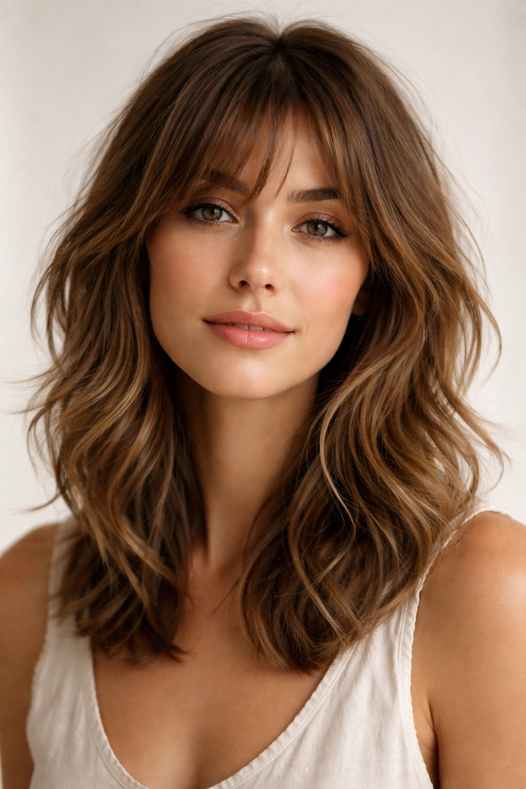 Medium-length shag hairstyle with shoulder-length layers and soft waves on an oval-faced model