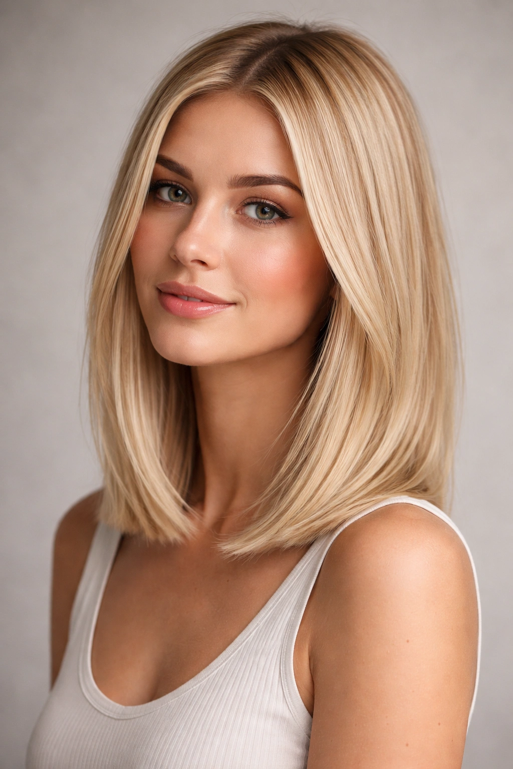 Close-up portrait of shoulder-length blonde hair with subtle textured ends