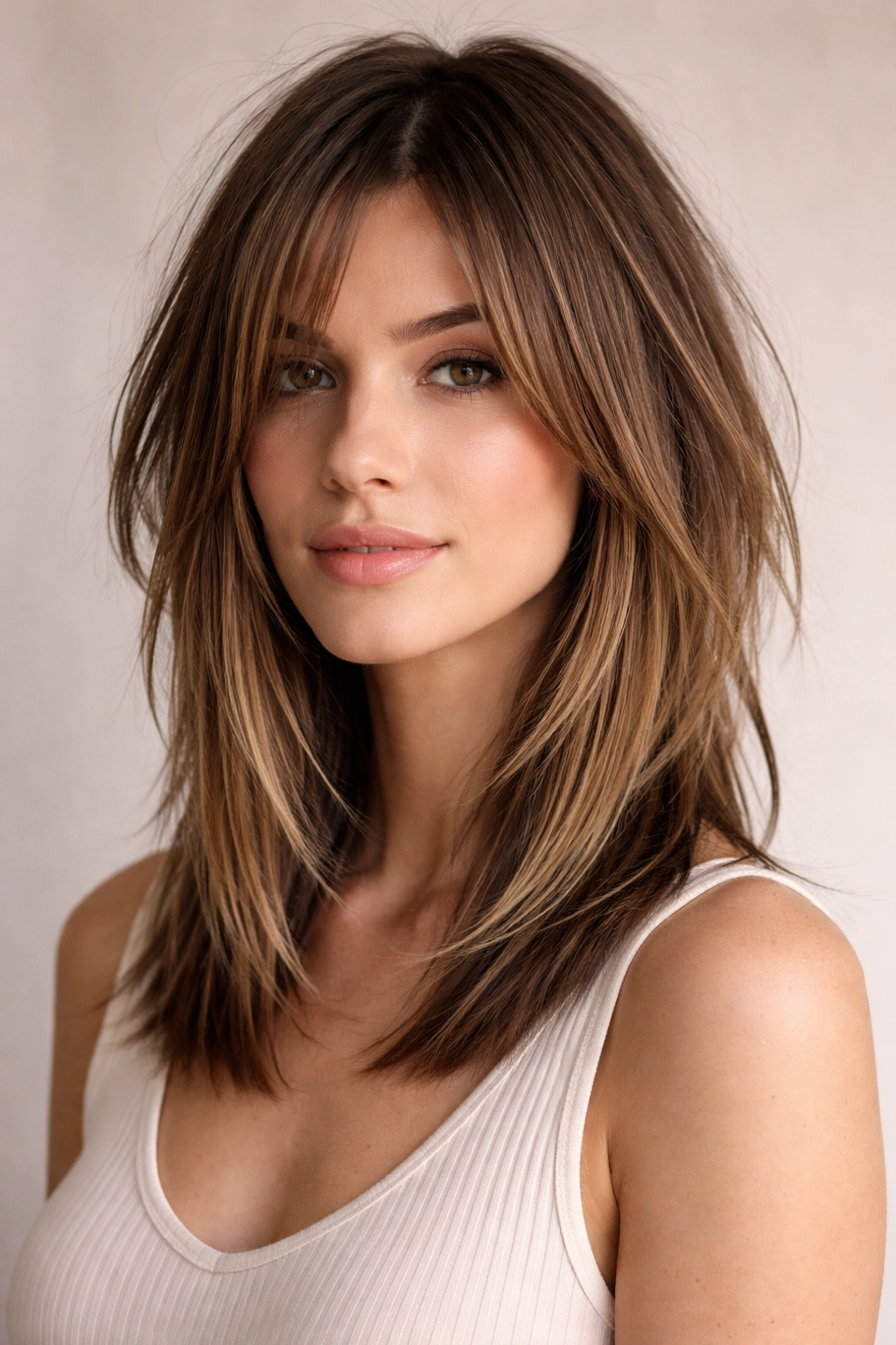 Shoulder-length hair with clearly disconnected layers and visible texture