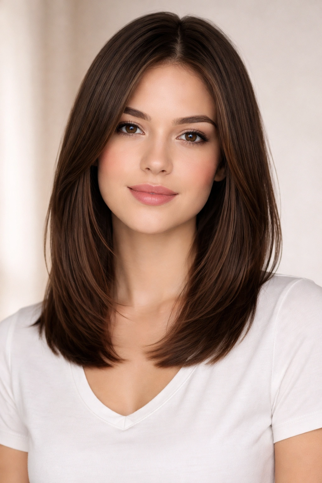 Portrait showing shoulder-length hair with subtle face-framing layers