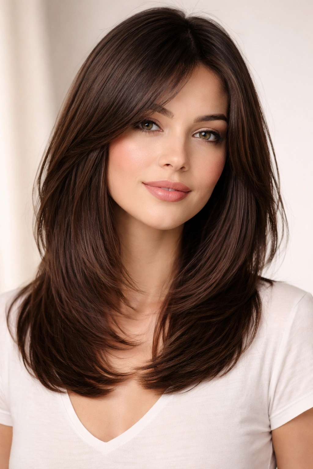 Close-up of straight hair with shoulder-length layered cut showing light on the layers