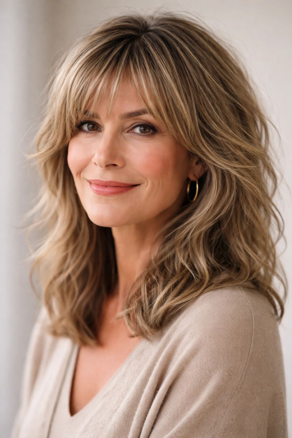 Close-up of a woman with shoulder-length textured shag featuring layered choppy pieces and loose waves.
