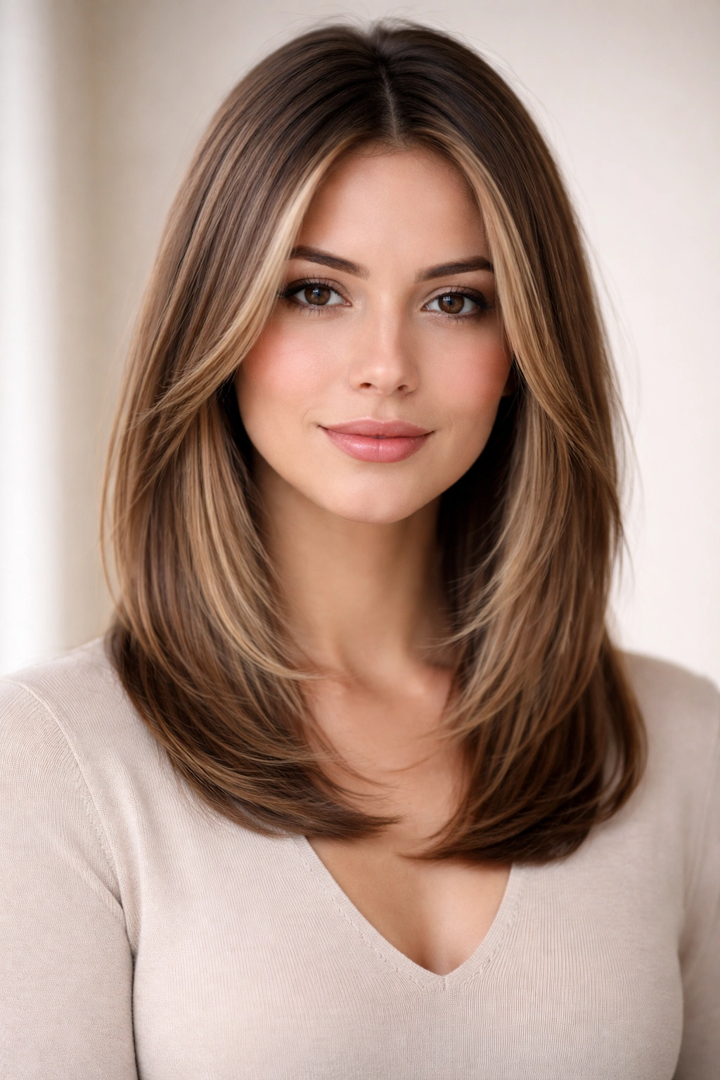 Shoulder-length straight cut with subtle face-framing layers and a sleek glossy finish