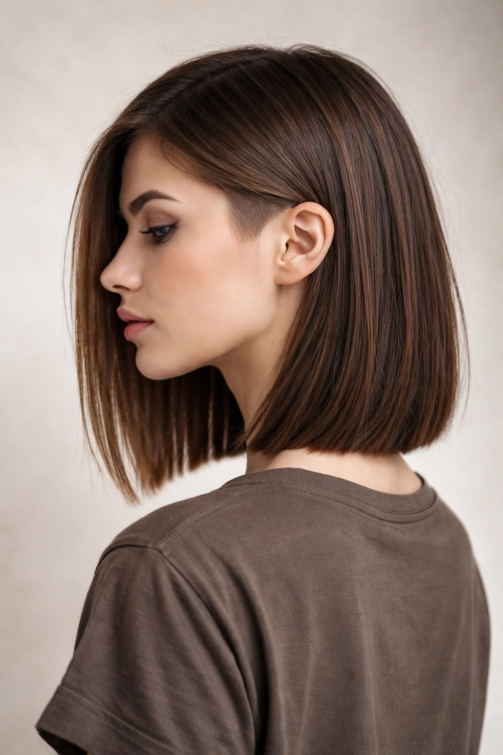 Shoulder-length straight hair with an undercut visible at the side.