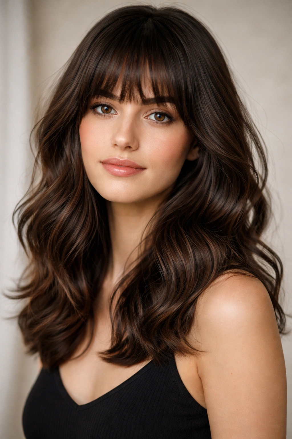 Close-up of brunette shoulder-length waves with straight bangs and shiny texture.
