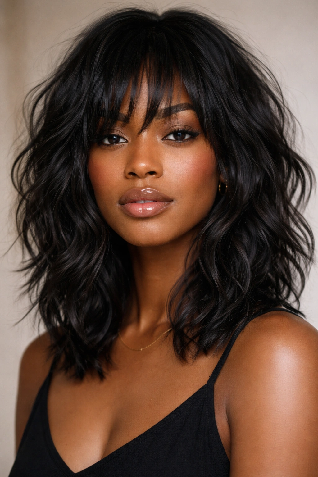 Close-up of a Black person with shoulder-length, choppy-textured waves.