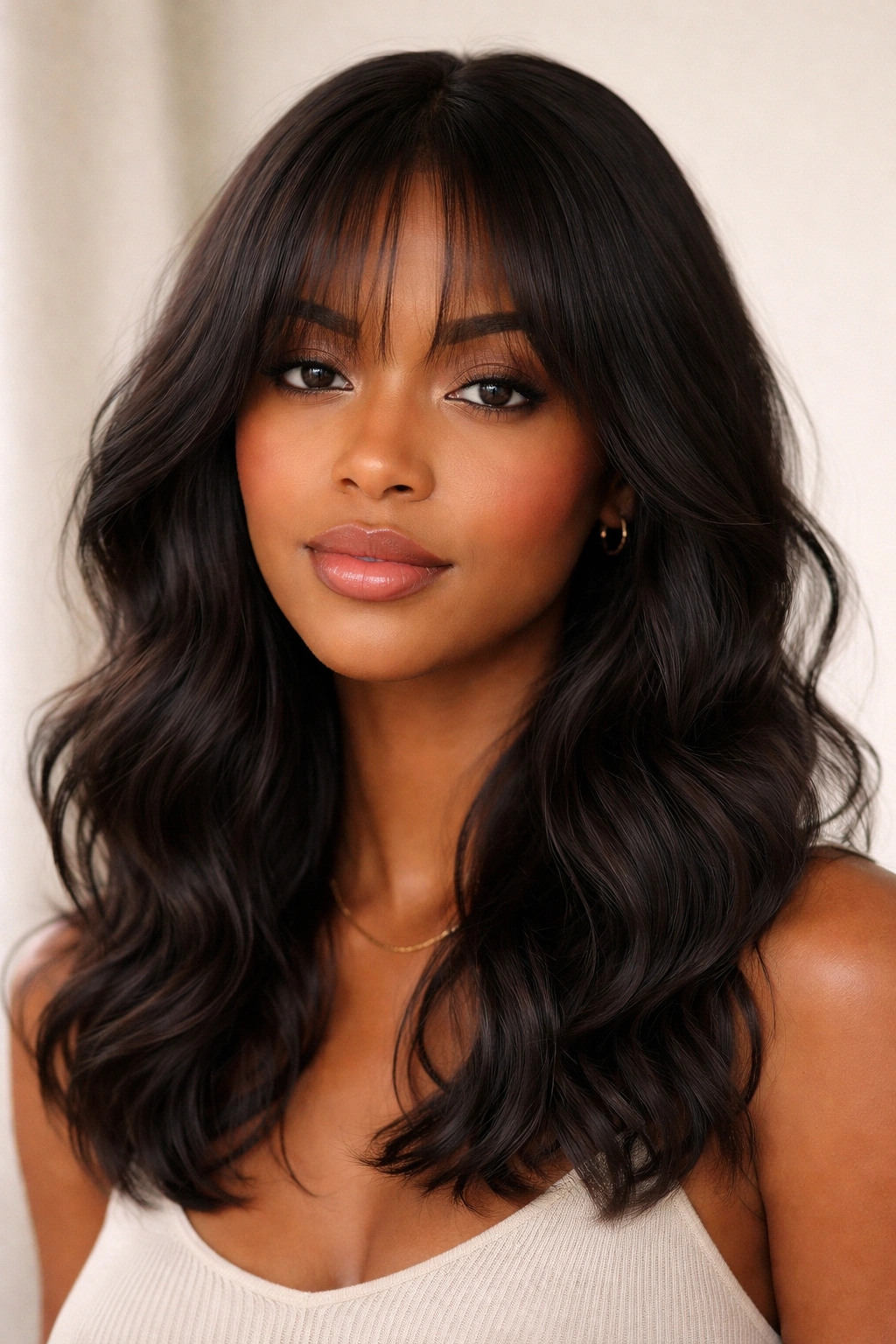 Close-up portrait of shoulder-length wavy hair with sheer curtain bangs