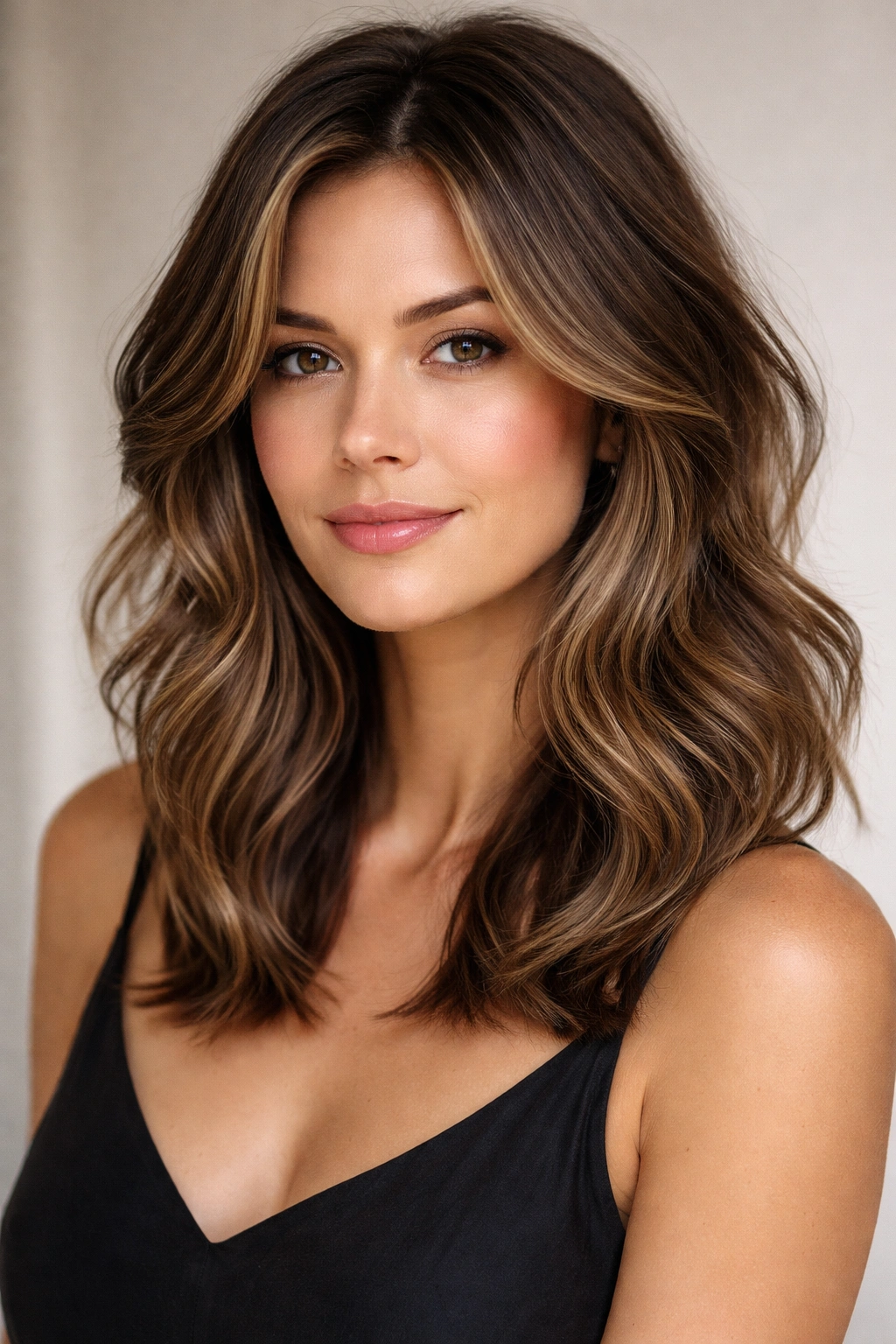 Shoulder-length waves with short face-framing layers around the cheekbones