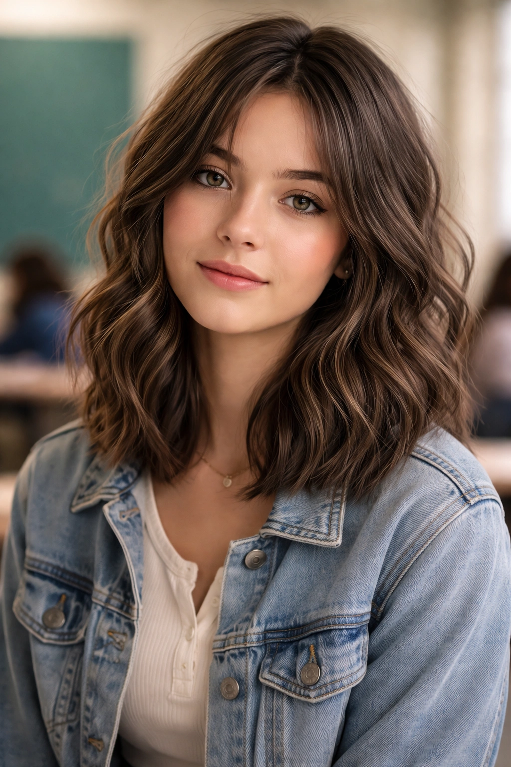 Close up of student with shoulder-length textured waves and choppy layers